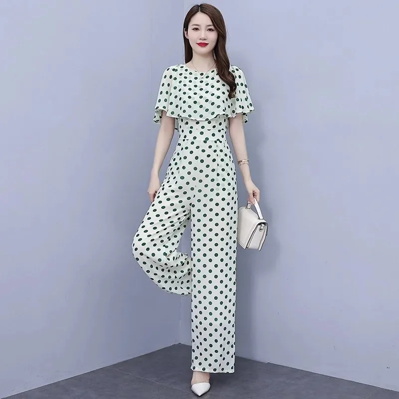 Wave Point Ice Silk Summer 2024 Jumpsuit For Women Fashiona New Slim Fit High Waisted Jumpsuit Lotus leaf Patchwork Set Female