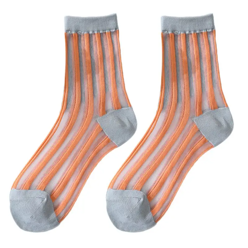 Women Ultra-Thin Breathable Glass Fiber Long Ankle Socks Contrast Color Vertical Stripes Transparent Mesh Summer Tube