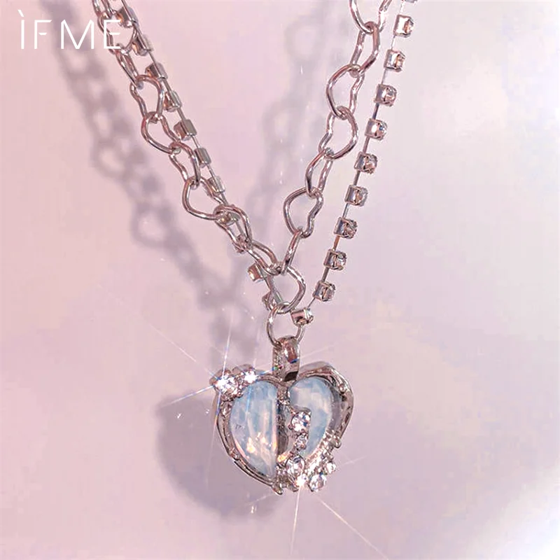 Shiny Crystal Split Heart Necklace Pendant for Women Teenagers Y2K Personality Silver Color Statement Choker 2023 Party Jewelry