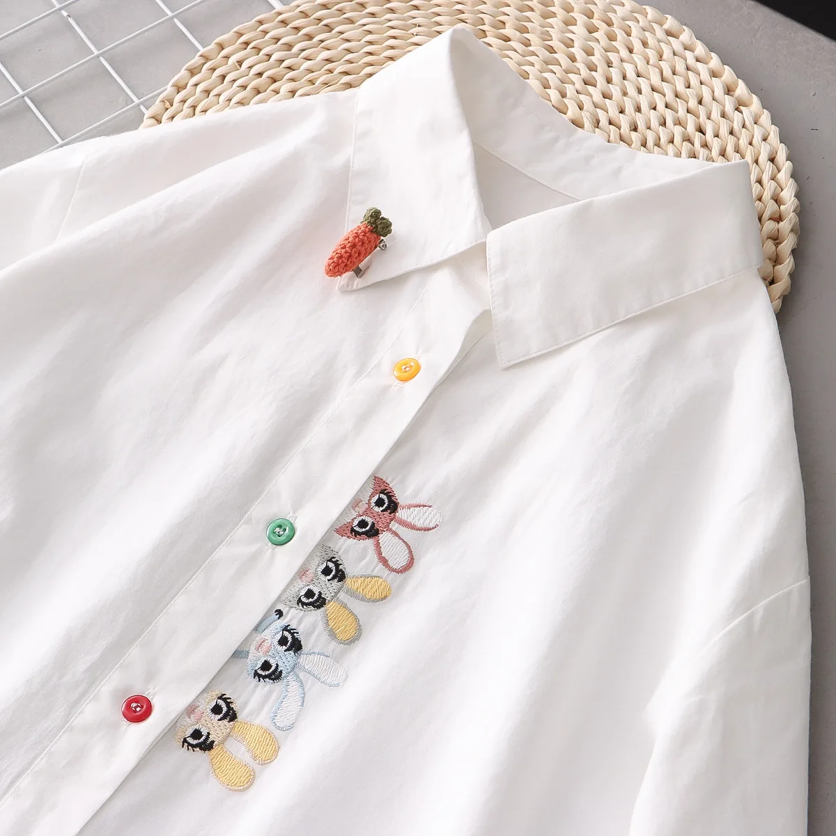 New Spring Cotton White Shirts Female Cute Embroidery Rabbit Tops Turn Down Collar Button Long Sleeve Straight Blouse T35438M