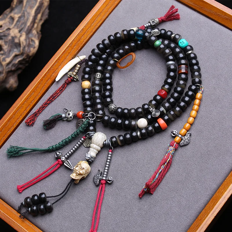 Necklace Bracelet, Tibetan Natural Horn , 108 , Buddhist Prayer , Dice-Shaped Beads, Yak Bone, Three-Hole