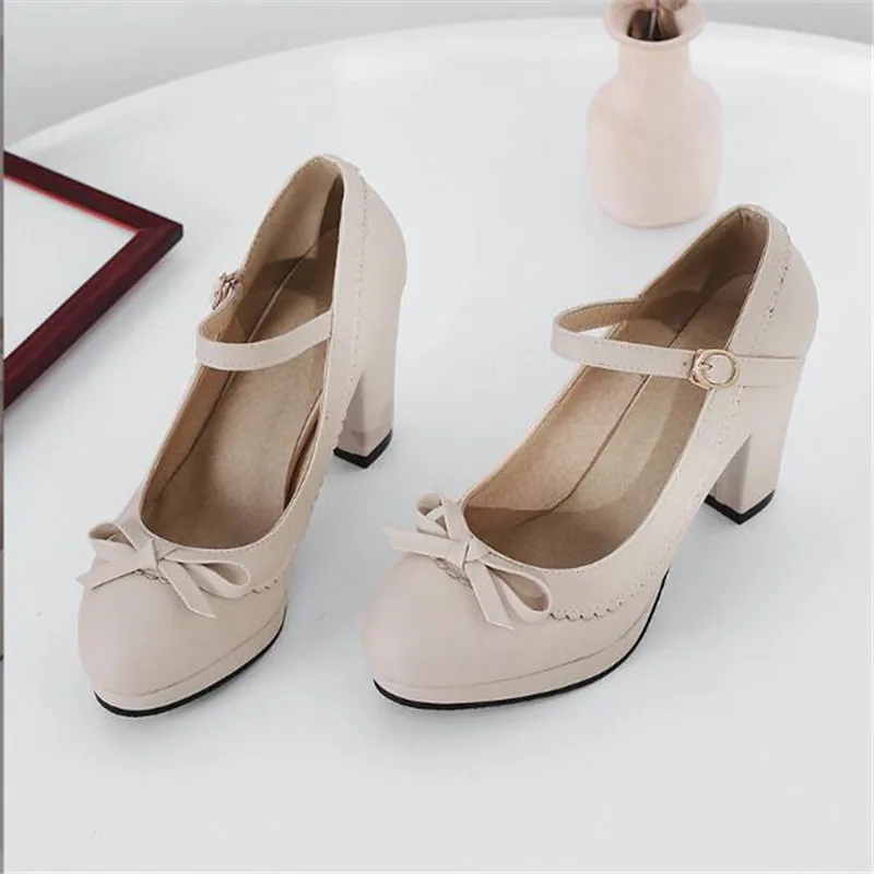 Women Heels Pumps Sweet Bowknot Platform Girls High Heels Round Toe Party Wedding Shoes Bridal Stilettos Black Big Size 32-46