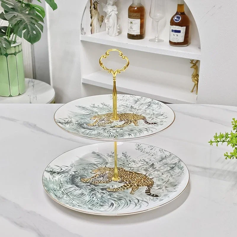 Retro Jungle Leopard Bone China Double-Layer Fruit Platter Home Afternoon Tea Snack Tray Dessert Rack