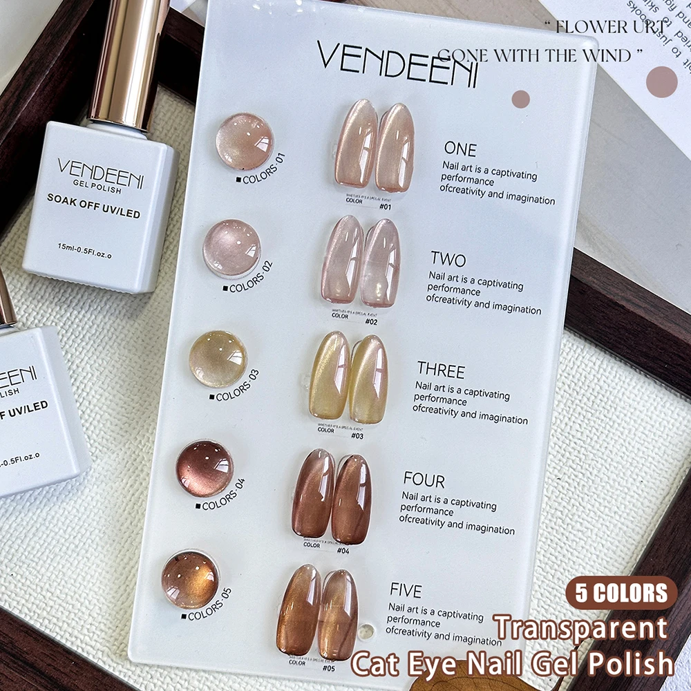 Vendeeni 5 Farben/Set Kristall-Katzenaugen-Gel-Nagellack Magnetischer UV-Soak-Off-Gel-Lack Braun Nude Rosa Gel-Lack mit Display – Detail 10