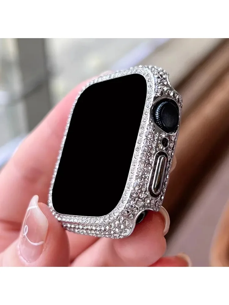Strass-Dekor, gehärtetes Glas, Displayschutzfolie, Uhrengehäuse für Apple Watch 38/40/41/42/44/45/46 mm, Serie SE/10/9/8/7/6/5/4/3/2