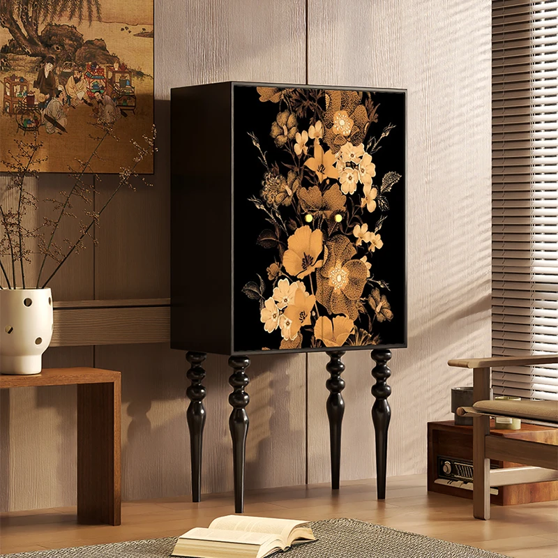 

French Romantic Retro Flower Pattern Locker Home Dining Side Cabinet Living Room Storage Locker Solid Wood Tall Cabinet