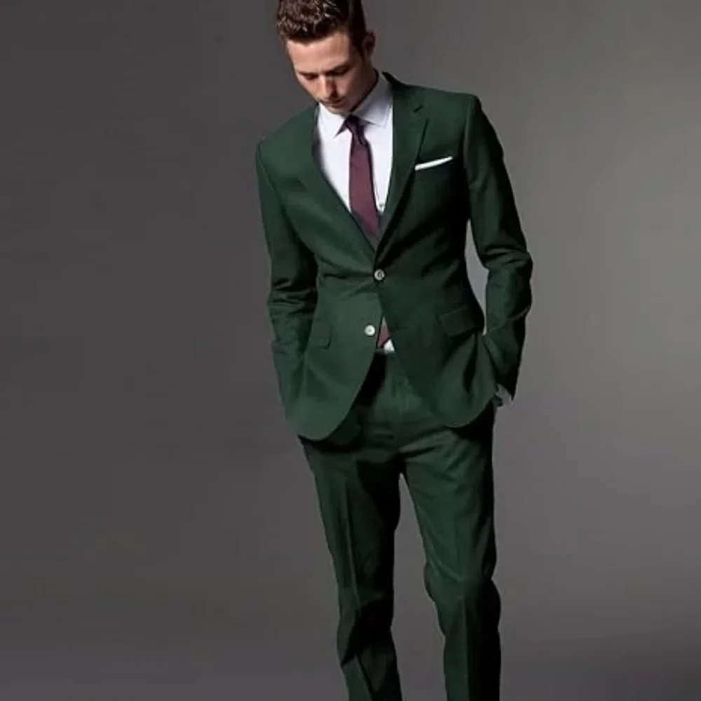 

Men Single Breasted Suit Dark Green Slim Fit High Quality Wedding Costume Party Prom Black Button Male Suits Blazer+Pant