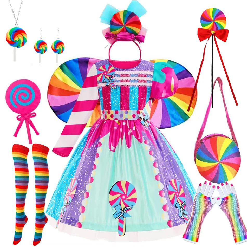 Girls Purim Dress Lollipop Fantasy Dresses Children Carnival Rainbow Candy Princess Costume Birthday Party