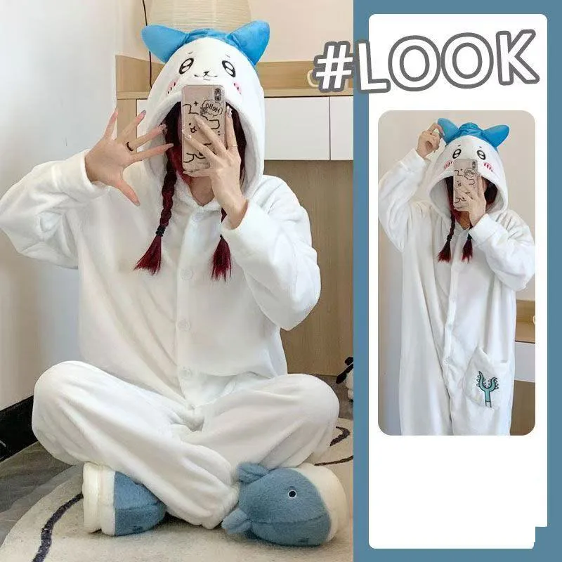 

Kawaii Plush Piece Pajamas Chiikawa Usagi Hachiware Anime Cute Flannel Siamese Homewear Autumn Winter Girls Cartoon Nightwear