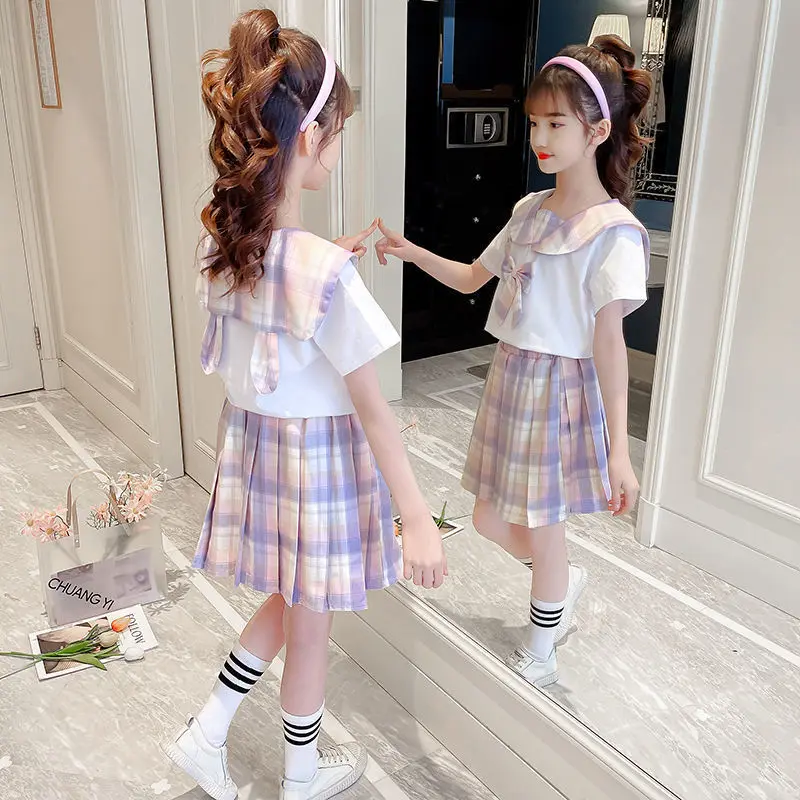 2023 new teens Summer Fashion Child Primary School Girl JK Uniform Bow sailor Collar Blouse Shirt + Plaid Pleated Skirt 2pc/Set