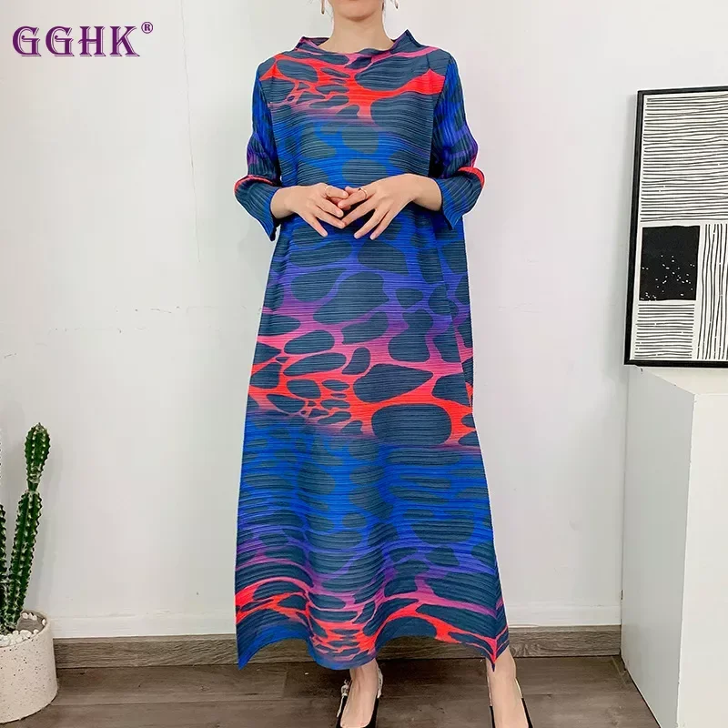 

Miyake Fashion Pleated Maxi Dress 2024 Spring New Printed Long Sleeved Festival Formal Dresses Elegant Women Clothing