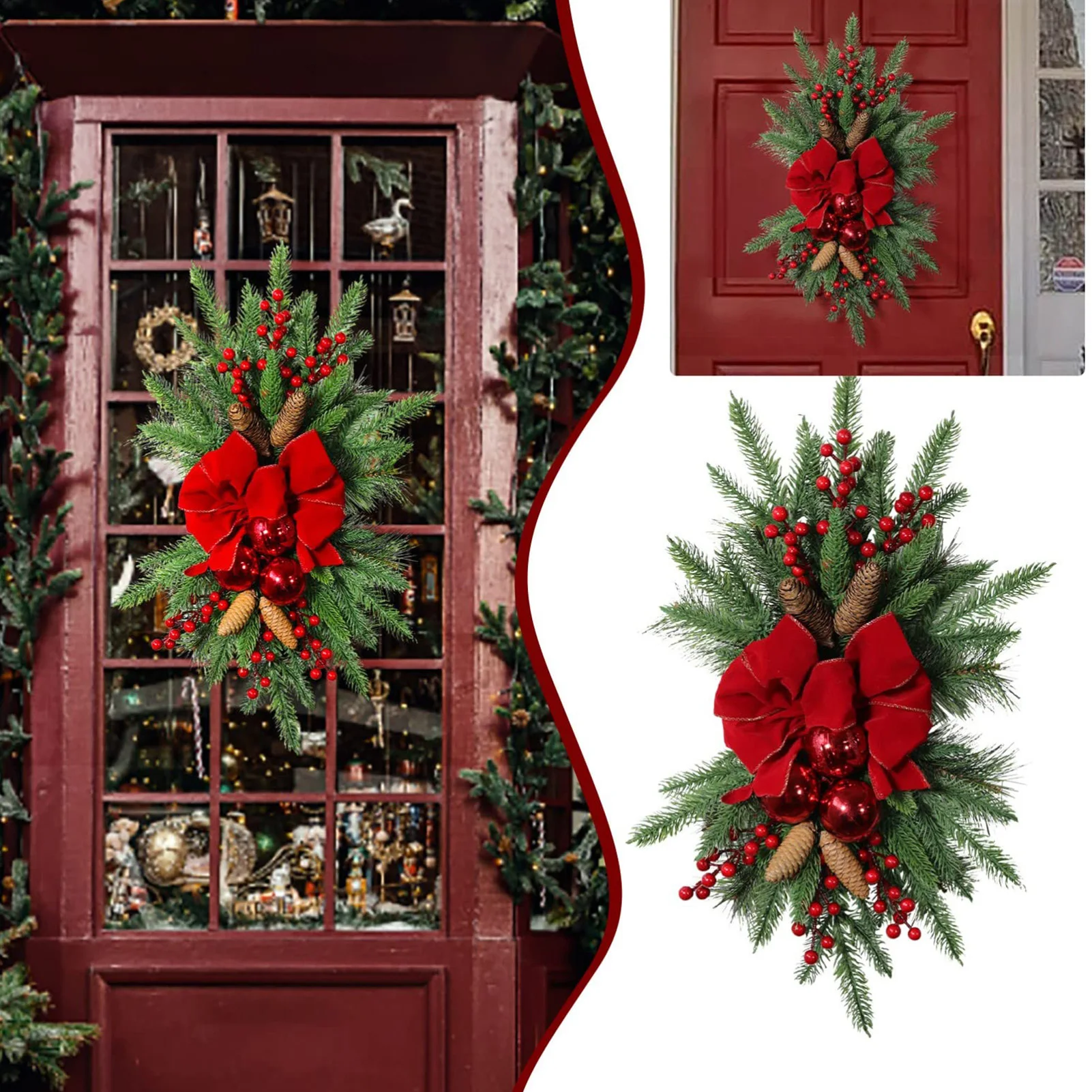 New Christmas Door Garland Red Bow Pine Berry Decoration Wreath Indoor Outdoor Garden Decorative Props For 2024 Christmas