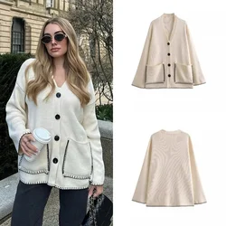 Spring 2024 Women's Fashion with Pockets Contrast Loose Knit Top with Vintage Long-sleeved Single-breasted Chic Top