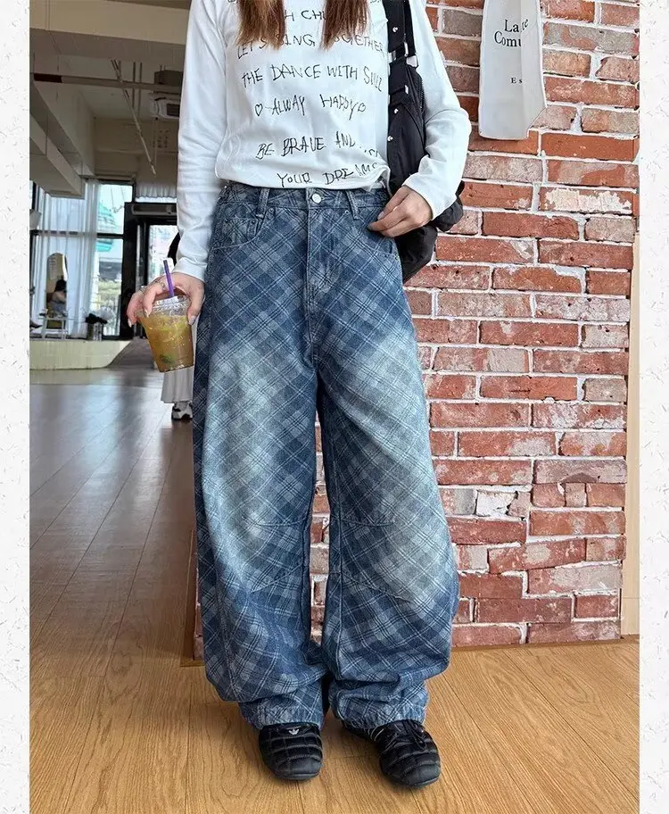 جينز جينز جديد على الطراز الأمريكي القديم من Diamond Grid مغسول لكل من الرجال والنساء Y2K سروال واسع الساق فضفاض ملابس الشارع الشهير على الأرض #1