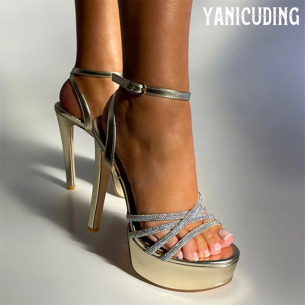 

Cross Strap Rhinestone Platform Sandals Round Toe Stiletto Sexy Summer Sandals Customizable Colors Large Size Women's High Heels