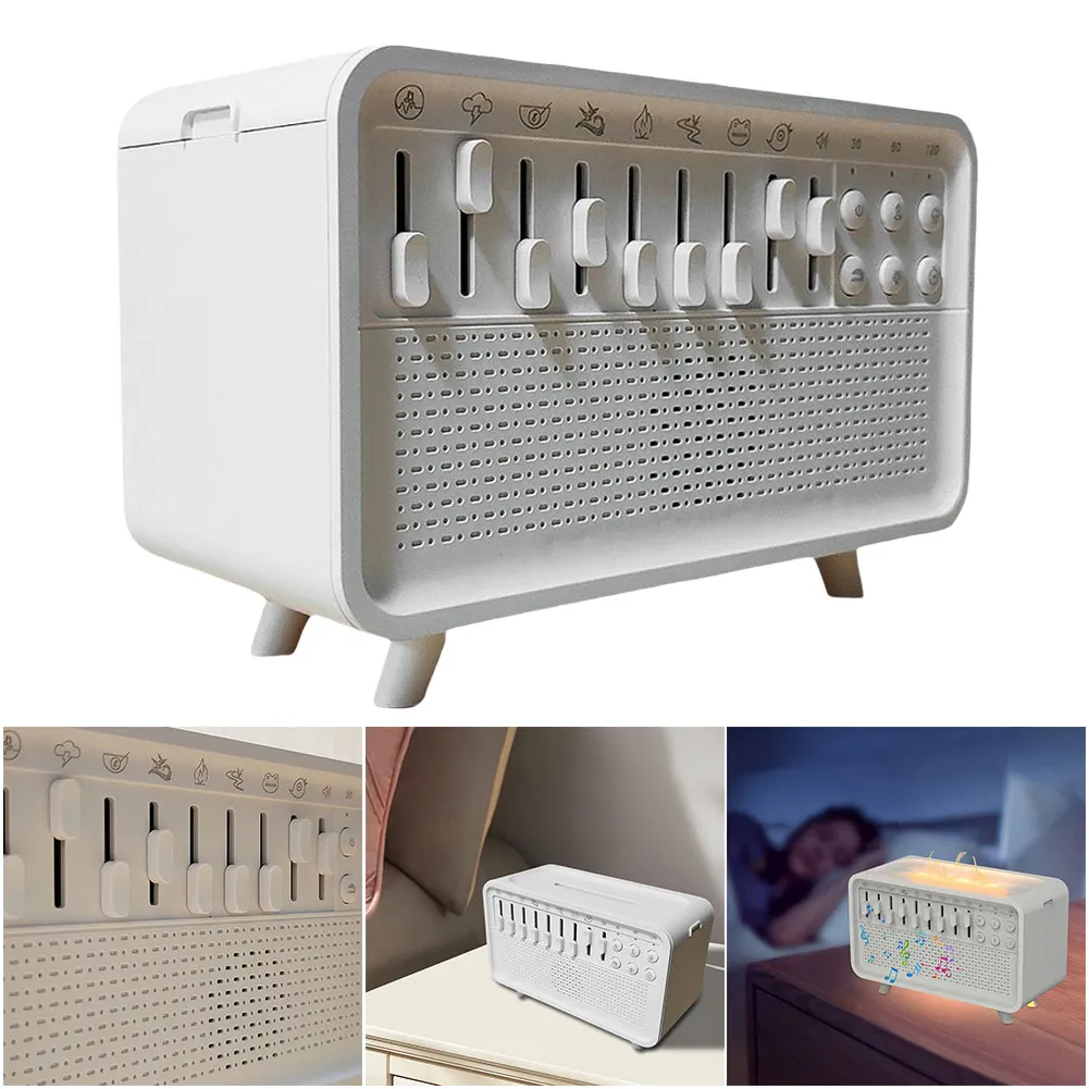 

Машина с белым шумом, диффузор воздуха с пламенем, увлажнитель с 8 звуками природы, динамик BT, ночник, диффузор эфирного масла