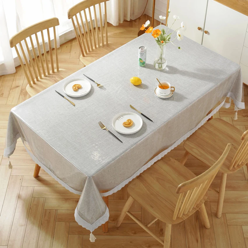 Lace Hem Transparent Tablecloth Waterproof Oil-proof PVC Table Cloth for Home Kitchen Dining Table Decorative Protective Cover