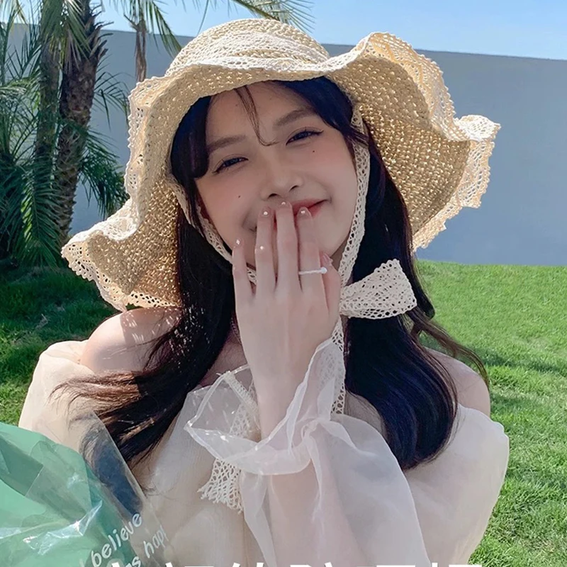 

Lace Women Straw Hat Wide Brim Hollow Out Handwoven Visors Bucket Cap Korean Girl Beach Tour Foldable Sunshade Hats