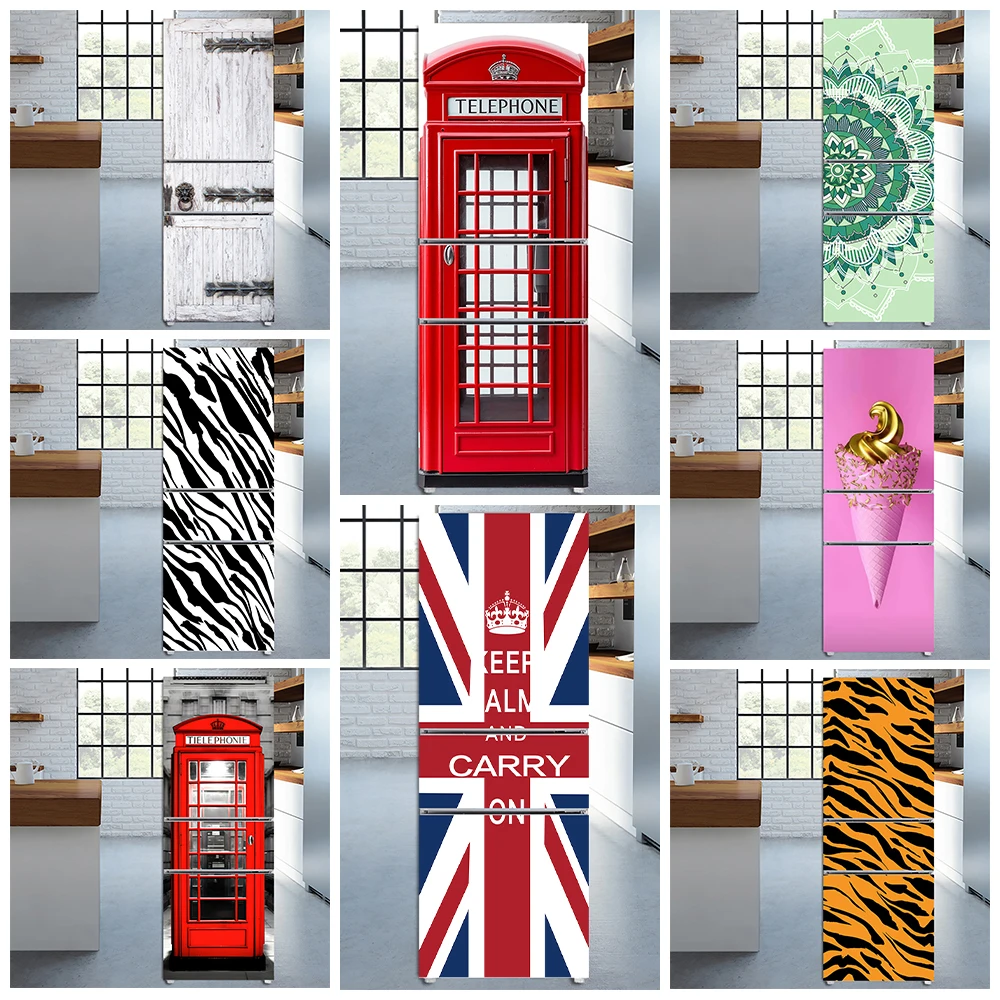 

Retro Phone Booth Fridge Door Sticker Waterproof Kitchen Decorative Wallpaper British Tiled Textures Refrigerator Art Decals