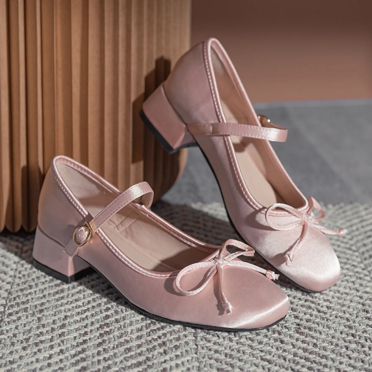 Women/girl's Pink Silk pumps sweet bowtie mary janes shoes woman square toe silk tacones ballerina shoes med-hgh heels bow shoes