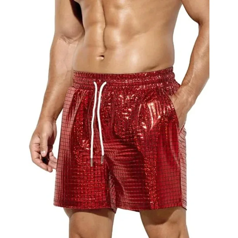 Casual Wear Multi Colors Beach Wear Short Pants Men 2026 NEW Men's Green Red Blue Colors Fashionable Shiny Leather Shorts