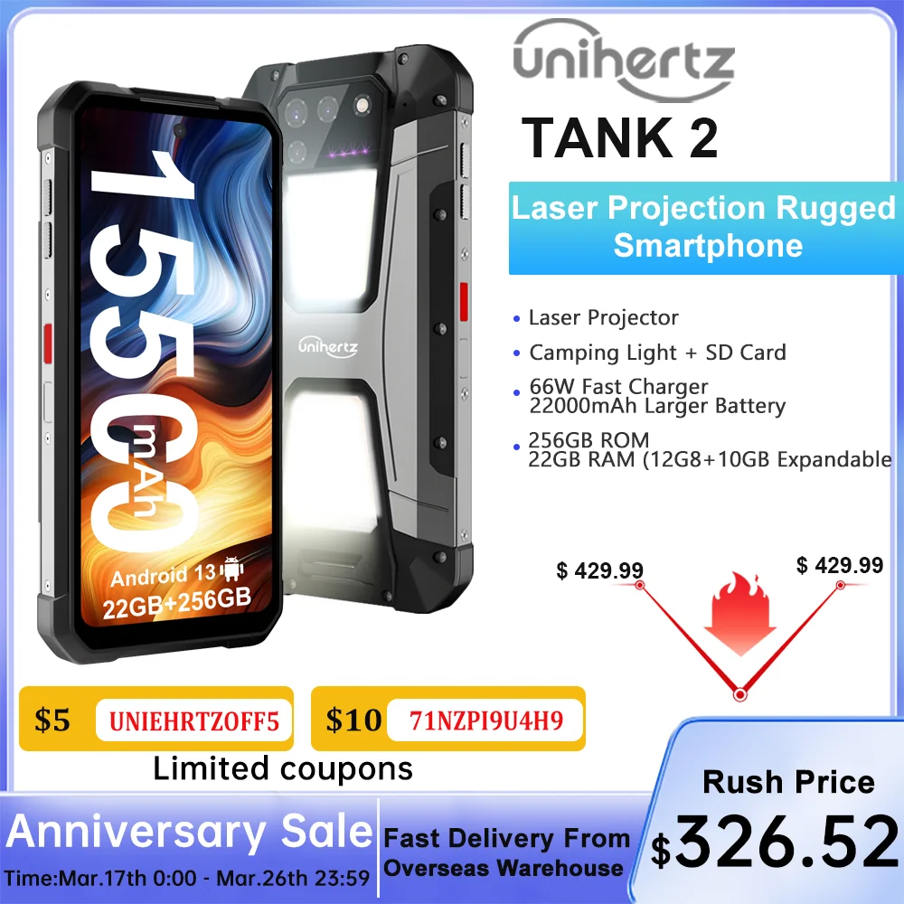 Unihertz 8849 خزان 2 جهاز عرض يعمل بالهاتف الذكي 22 جيجابايت 256 جيجابايت التخييم ضوء الهواتف المحمولة 108 ميجابكسل G99 64 ميجابكسل الهواتف المحمولة للرؤية الليلية