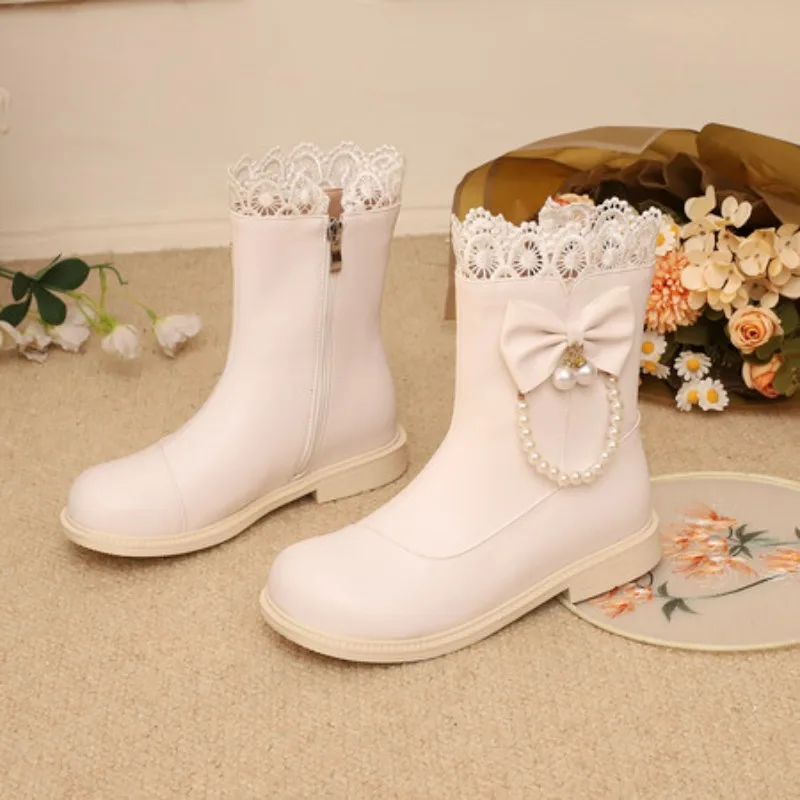 المرأة لطيف الأحذية الجانب سستة حذاء بكعب سميك جولة تو الدانتيل Bowknot حذاء من الجلد الفتيات الأميرة تأثيري فستان الحفلات أحذية موحدة #2