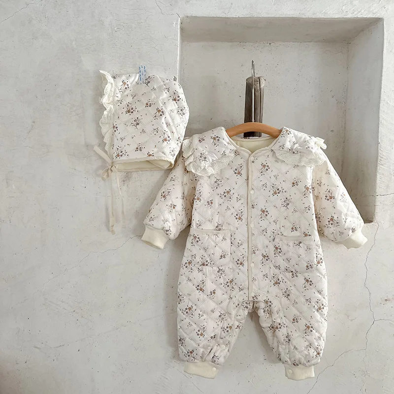 2026 Winter New Baby Clothes Floral Girls Rompers Fur Lining Toddler Clothes With Hat  3-36Months