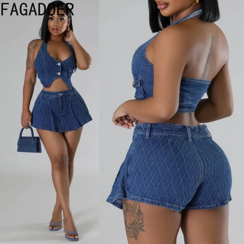 FAGADOER Fashion Denim Halter A-line Mini Skirts Two Piece Women Sleeveless Backless Crop Top Skirts Shorts Outfits streetwear