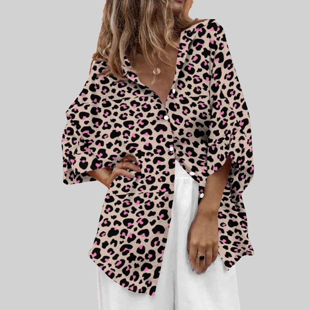 

Wildly Blue Leopard Print Shirt Womens Jungle Chic Blouse Casual Versatile Pink-Black Leopard Prints Blouse Leopard Lover Shirts