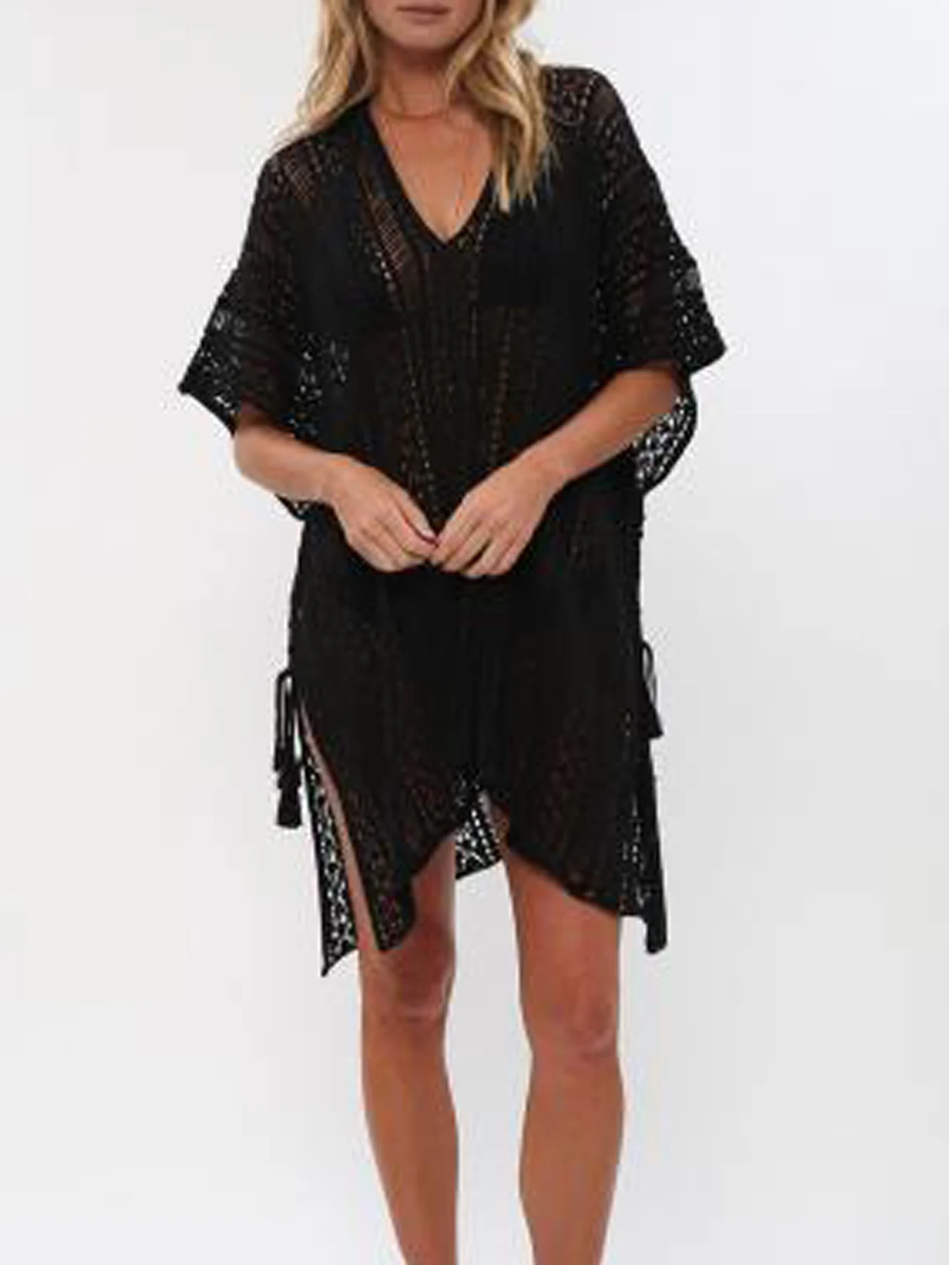 Solid Color Knitting Side Drawstring Swimsuit Cover Up Women's Beach Holiday Sunscreen Smock Hollow Out Casual Cover-Ups