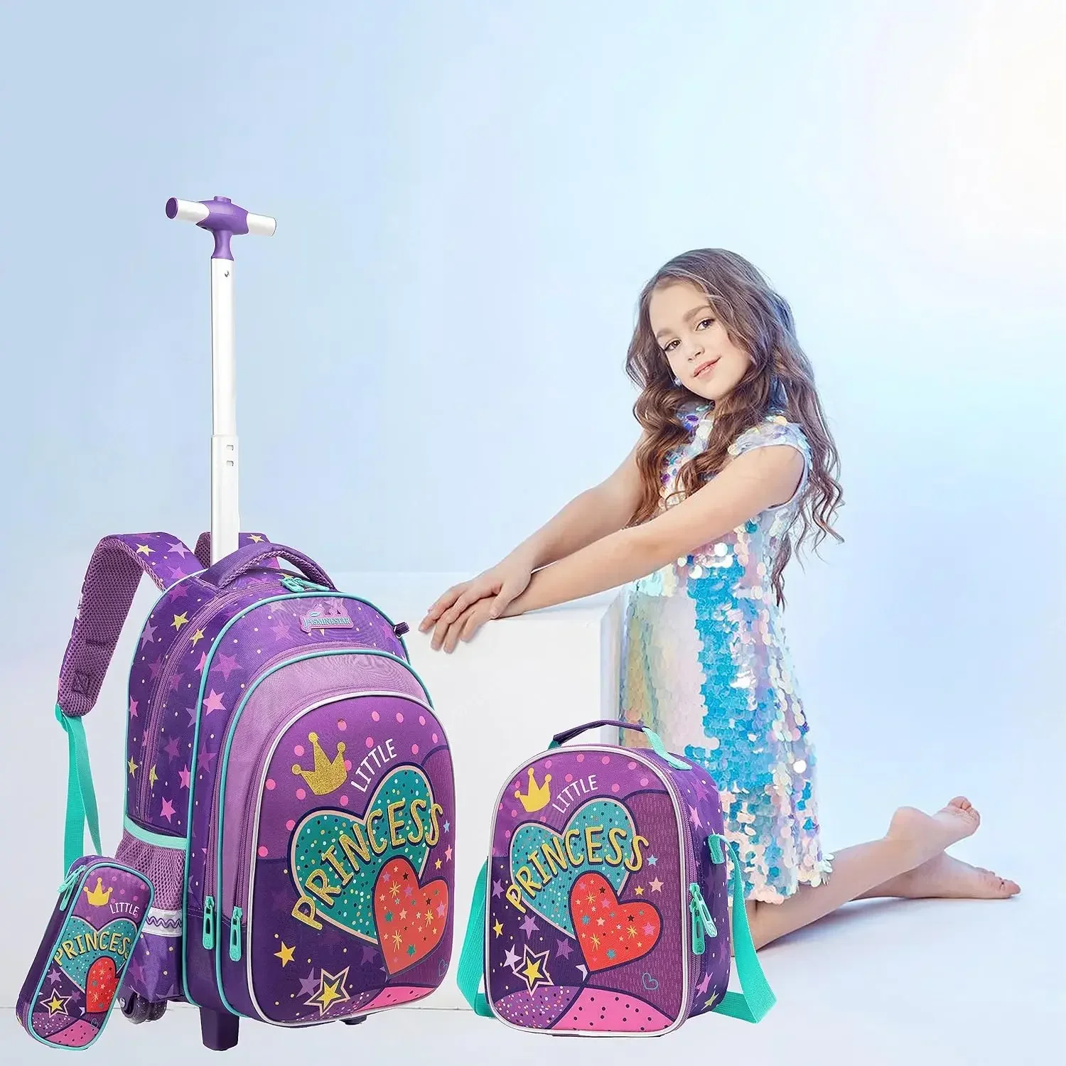 Mochila escolar infantil com rodas, bagagem de rolamento, conjunto de trolley bag, lancheira e estojo de lápis, meninos e meninas