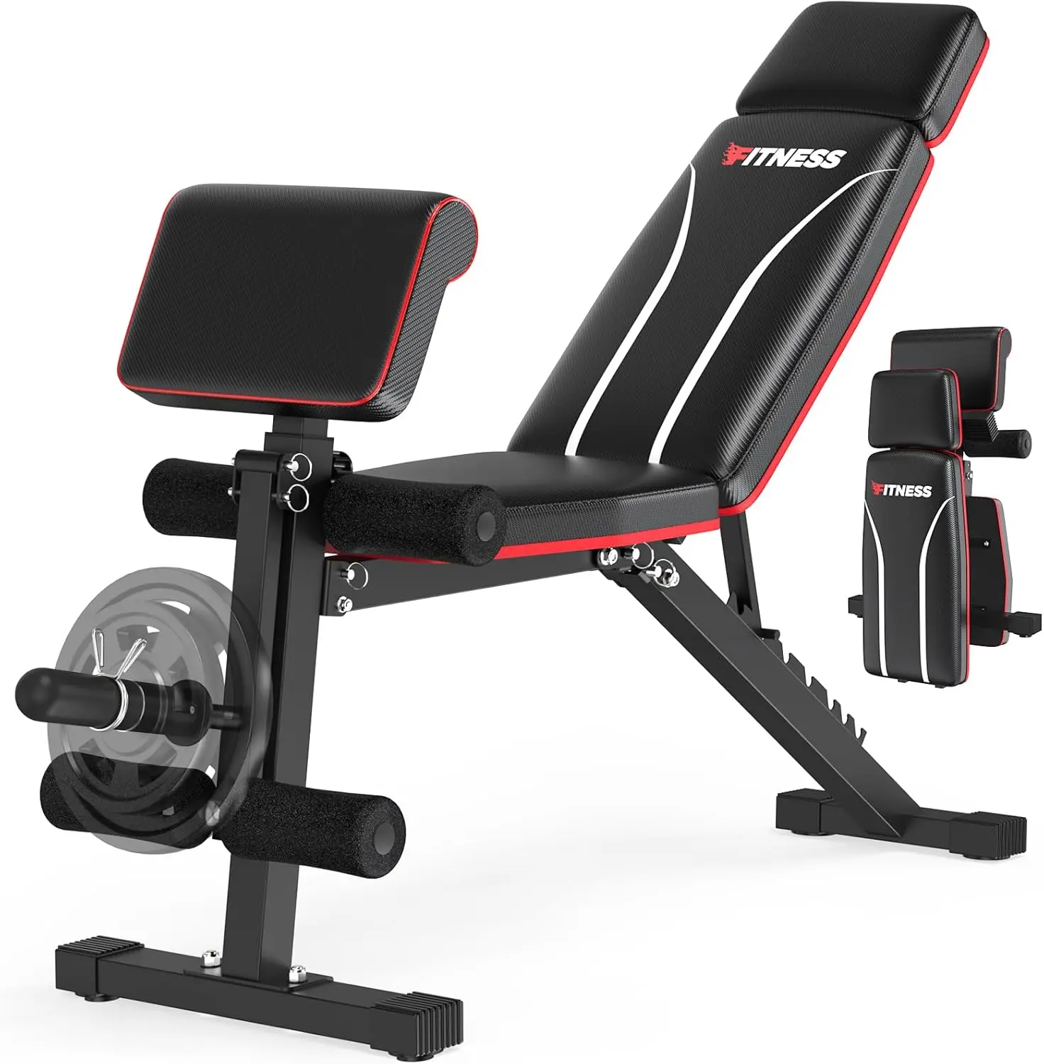 Workout Bench Press for Home Gym w/Leg Extension, Preacher Pad & Extended Headrest, Foldable Flat