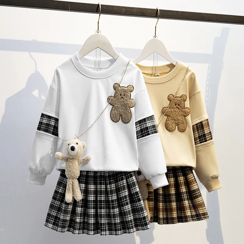 

2025 autumn spring Girls Clothes teenager bear hooded t shirt + plaid winter JK pleated skirt uniform 4 5 6 7 8 9 10 11 12 year