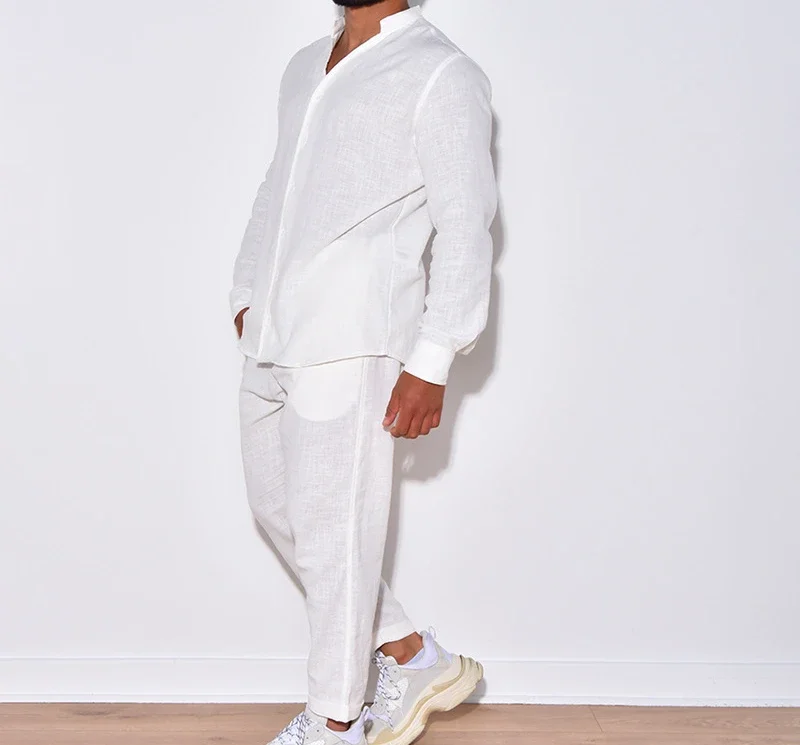 Autumn and Winter White Shirts Pants for Mens Suit 2023 Fashion Versatile Casual  Sports Blouse Cargo Trousers Set Clothes