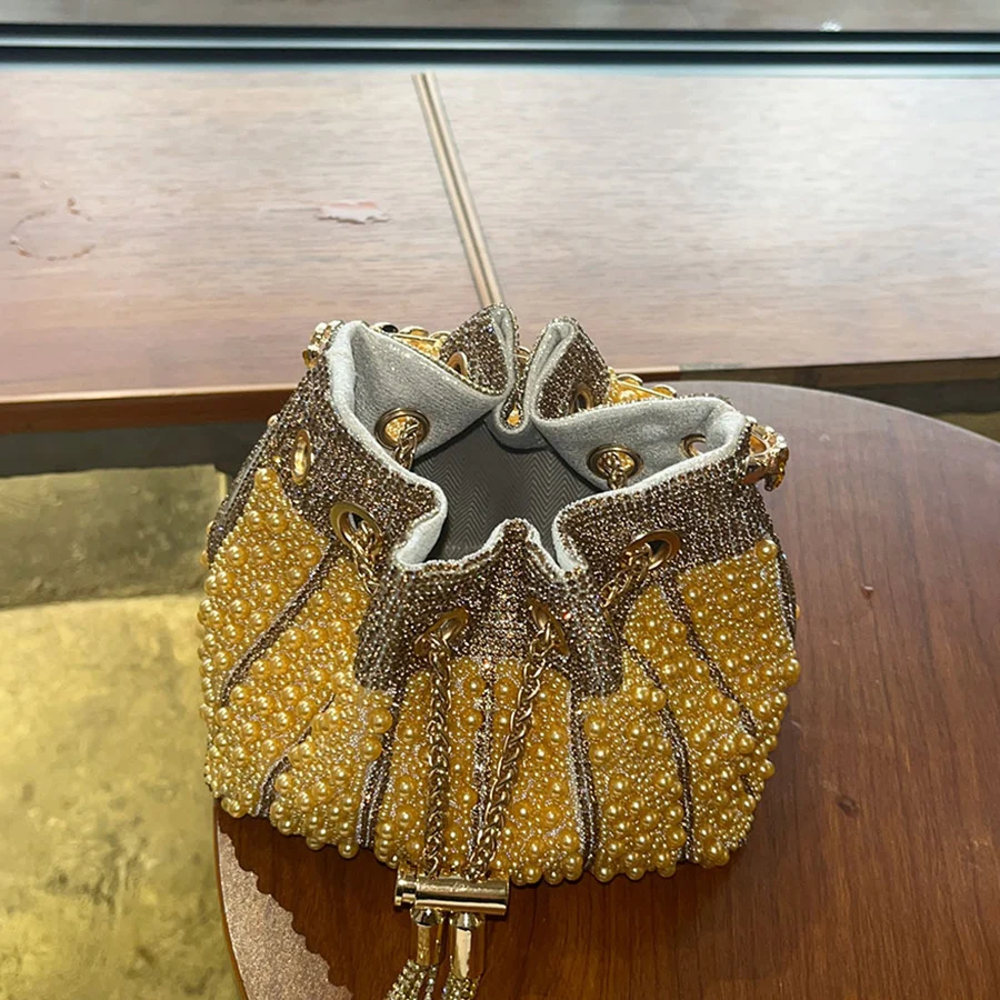 French Beaded Drawstring Bucket Bag New Chains Shoulder Bag Crystal Rhinestones Evening Bag Clutch Purse Wedding Party Handbags