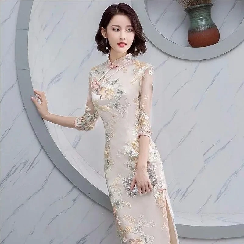 

Chinese Fish Tail Dress Women Gauze Patchwork Modern Improve Qipao Eleganti Chic Slim Long embroidery Traditional Cheongsam