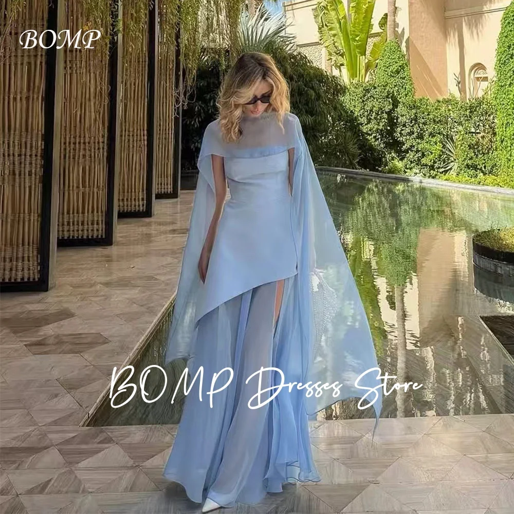 

BOMP Elegant Blue Evening Gown with Jacket A-Line Slit Chiffon Floor Length Formal Occasion Party Dress Customized Illusion