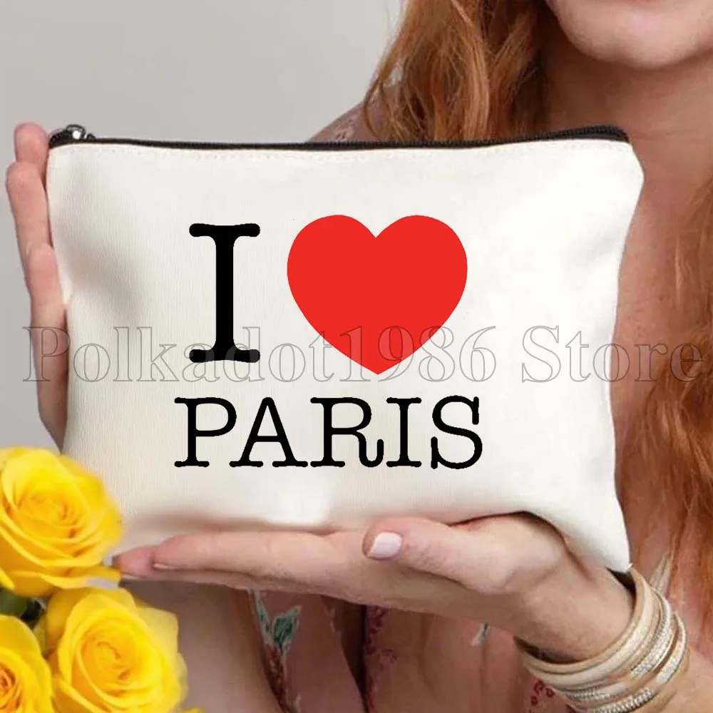 الأزهار Ici Cest باريس برج ايفل القلب فرنسا الهدايا حقيبة قماش قنب السفر حقيبة مستحضرات التجميل المرأة حقيبة مستحضرات تجميل حقيبة تخزين الموضة