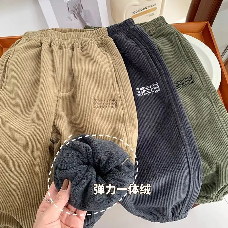 Boys and Girls One-piece Velvet Pants for Winter Warm Leg Binding Pants Children's Corduroy Elastic Soft and Thick Casual Pants