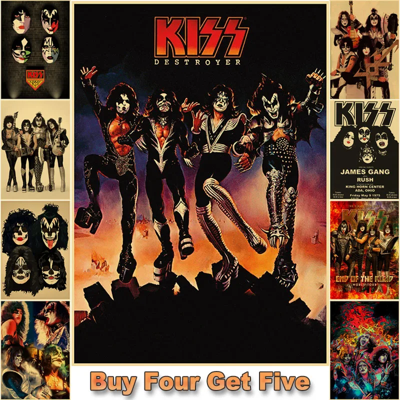 Vintage Heavy Metal Kiss Band Posters Kraft Paper Rock Poster Music Team Star Decorative Painting Wall Sticker Bar Home Decor