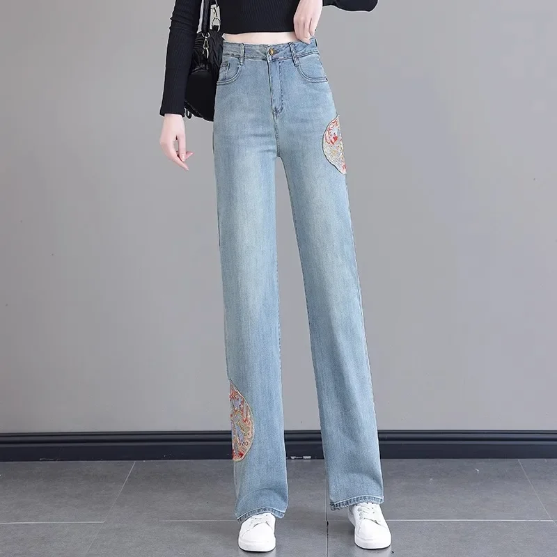 

Jeans Women New Chinese Style Light Color Autumn Embroidered Loose Straight High Waist Slender Wide-leg Trousers Aesthetic Chic