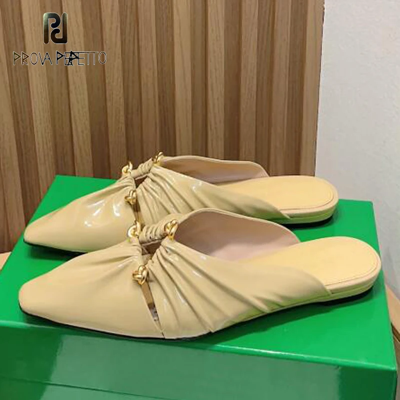 

Shiny Leather Ladies Autumn Slipper Shoe Close Pointy Toe Wrinkle Leather Mules Metal Buckle Gladiator Beige Black Comfy Slides