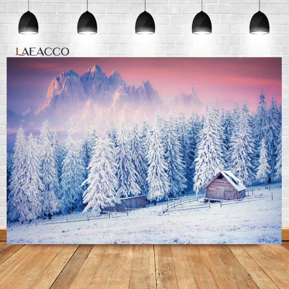 

Laeacco Winter Cabin Photography Background White World Forest Covered With Heavy Snow Wooden House Kids Adult Portrait Backdrop