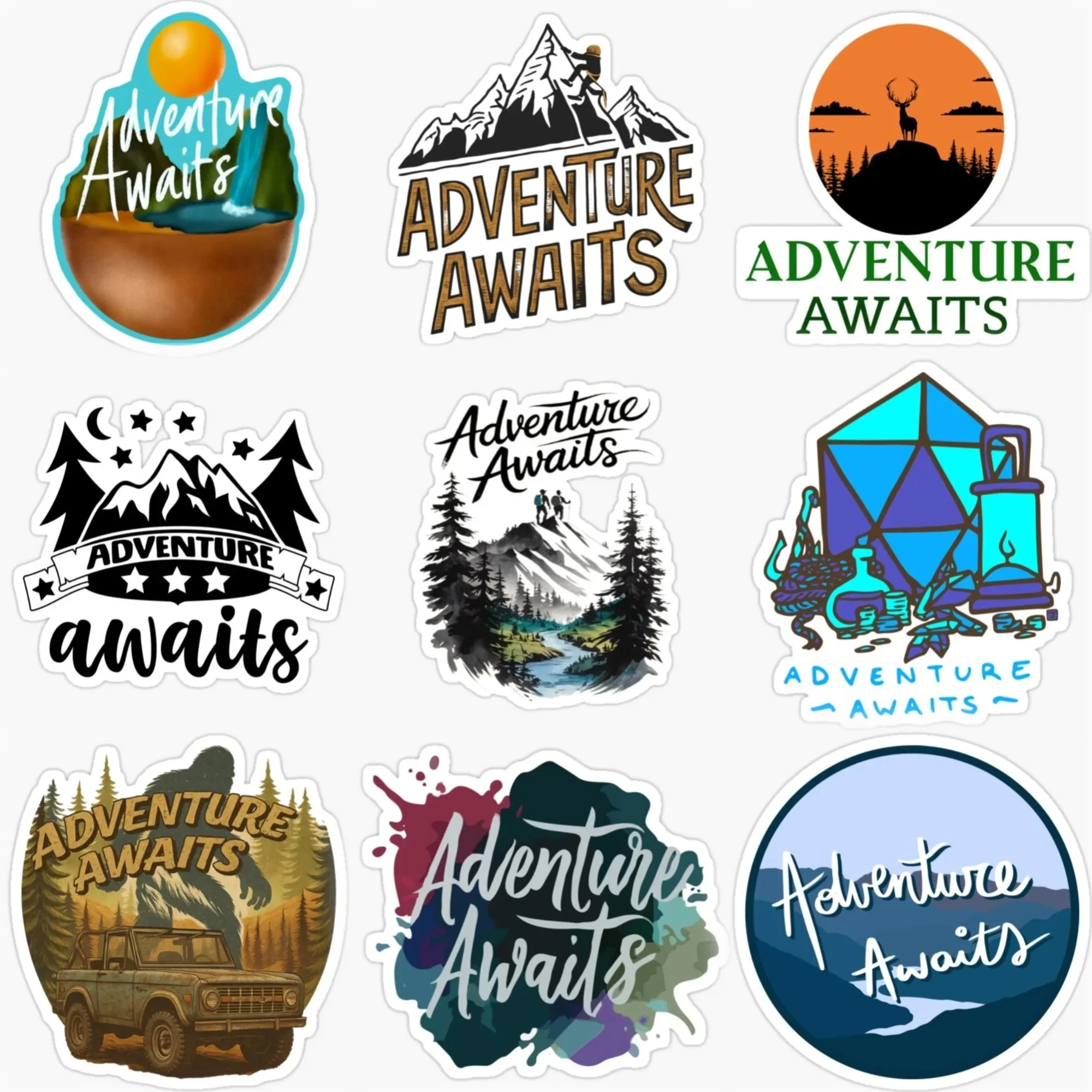 

Adventure Awaits Travel Camping PVC Car Stickers for Van Bicycle Motorcycle Off-road Helmet Bumper Wall Decal Accessories