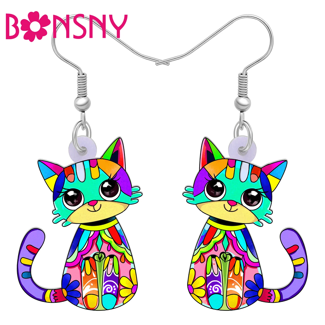 Bonsny Acrylic Colorful Big Eyes Cat Earrings Sweet Animals Decorations Dangle Drop Charms Fashion Jewelry For Women Teens Gifts