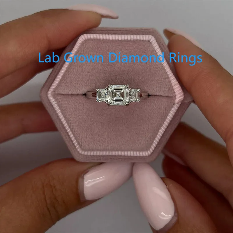 IGI Certified 1CT Main Stone Asscher Cut Three Stones Lab Grown Diamond Engagement Ring Platinum 950 EF VS‑VVS High Ending Jewel