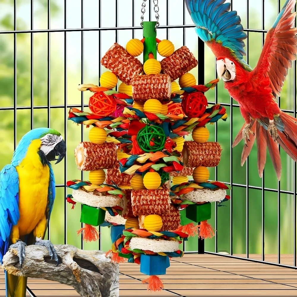 Große Papageien-Kauspielzeuge aus Naturholz mit Rattanbällen, Hängende Käfigspielzeuge für Ara, Kakadu und Graupapageien – Detail 5