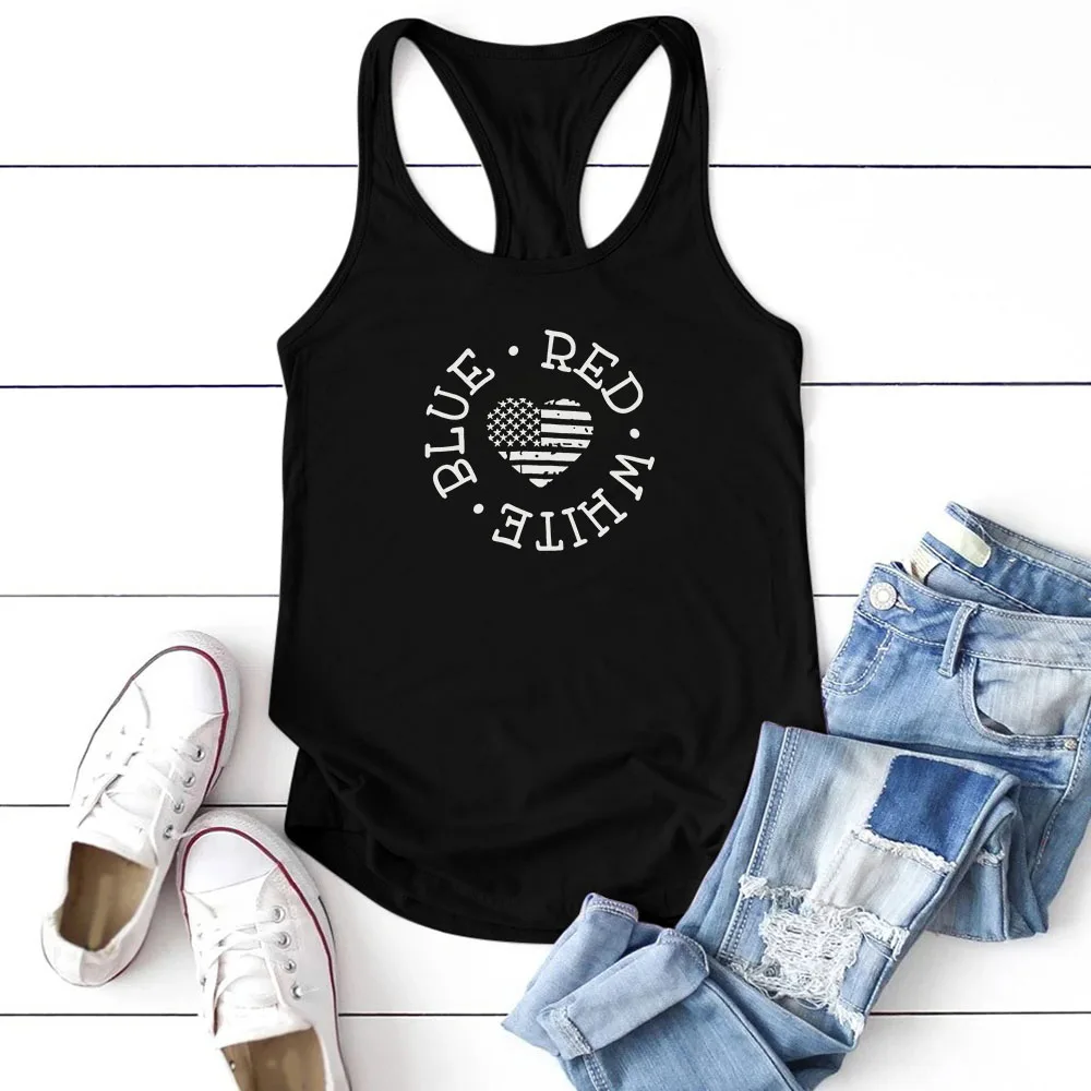 Seeyoushy BLUE RED WHITE Alphabet Print Tank Top Summer Casual Fashion Sling Tank Top Loose Women's Tank Top Sports Tank Top