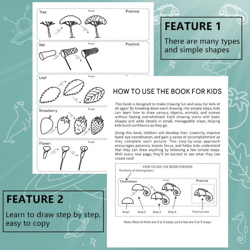 300+ Step-by-Step 1pc Green Stick Figure Drawing Book Art  Learning Painting Supplies with Cartoon Dinosaur & Frog Designs Book